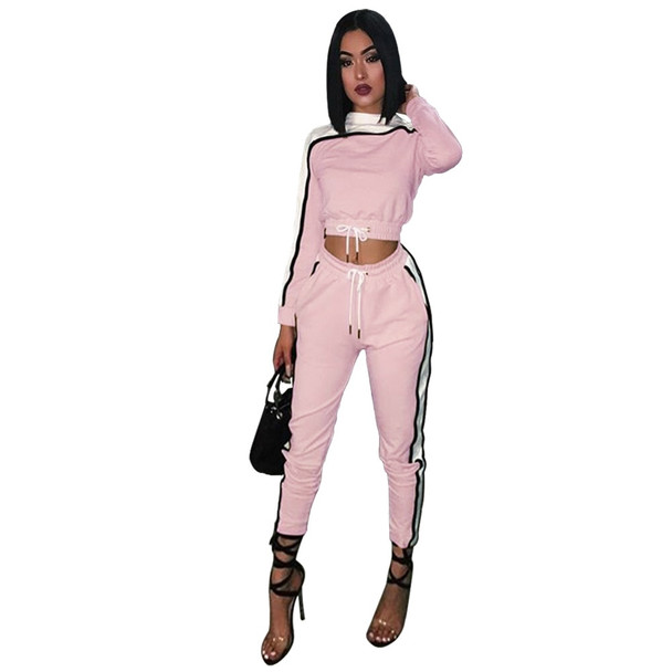 spring pink Two Piece Set Long Sleeve Striped Patchwork Hooded Bodycon Jumpsuit Rompers Casual Slim Overalls Clubwear