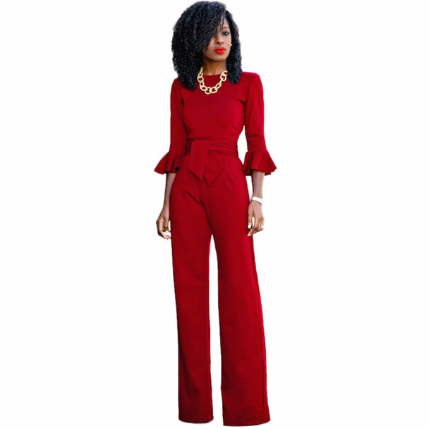 Red black Rompers Womens Jumpsuit Autumn Flare Sleeve Sashes Elegant Ladies Wide Leg Jumpsuits Party Overalls Long Playsuits