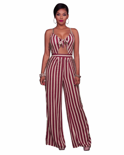 Ladies Stripe Spaghetti Strap Rompers Womens Jumpsuit Hollow Out Summer Backless Full Bodysuit Overalls Wide legs Sexy Jumpsuits