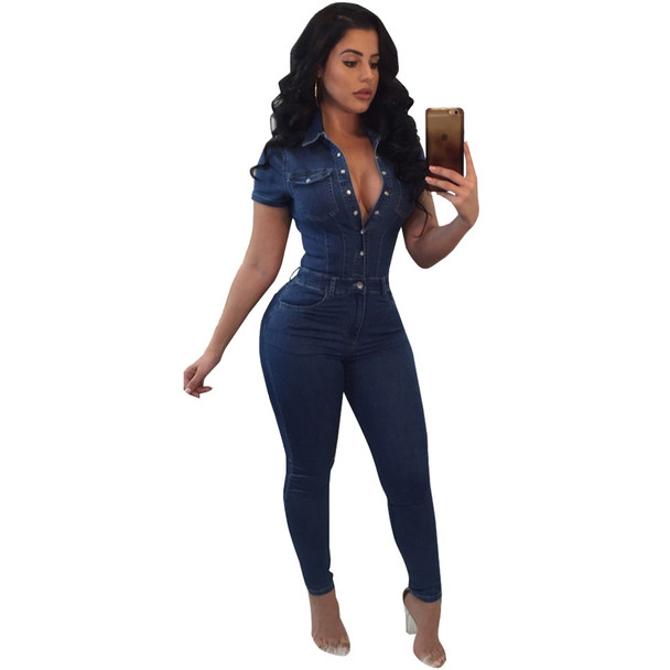 Women Jumpsuit Denim Overalls Summer Short Sleeve Button Down Casual Jeans Bodycon Jumpsuit Rompers Long Trousers Plus Siz