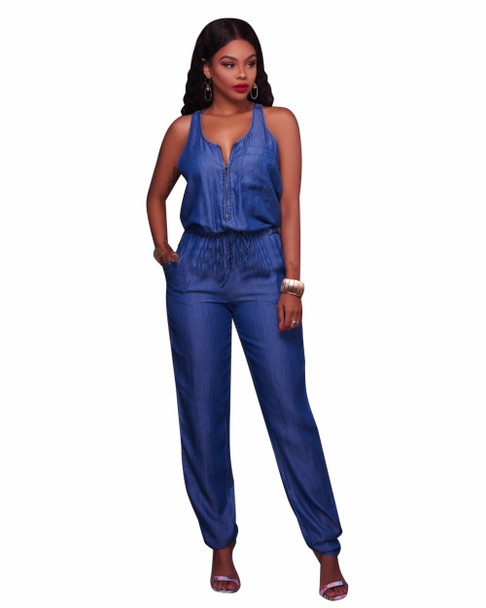Office Rompers Women Jumpsuit Summer vest Tied Waist Sexy Party Playsuit Female Overalls Pockets leisure denim jumpsuits