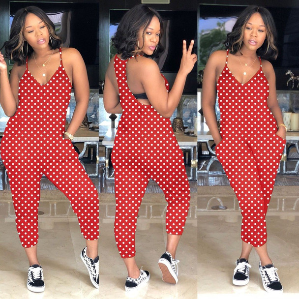 Sexy Jumpsuit Summer new Spaghetti Strap Sleeveless V-Neck Rompers Backless Dot Casual Loose Womens Jumpsuits Overalls