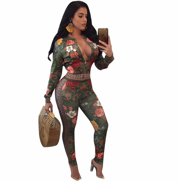 autumn Print Vintage Bodycon Jumpsuit 2017 Women Two Piece Set Long Sleeve Zipper Elegant Jumpsuit Romper Overalls playsuit club