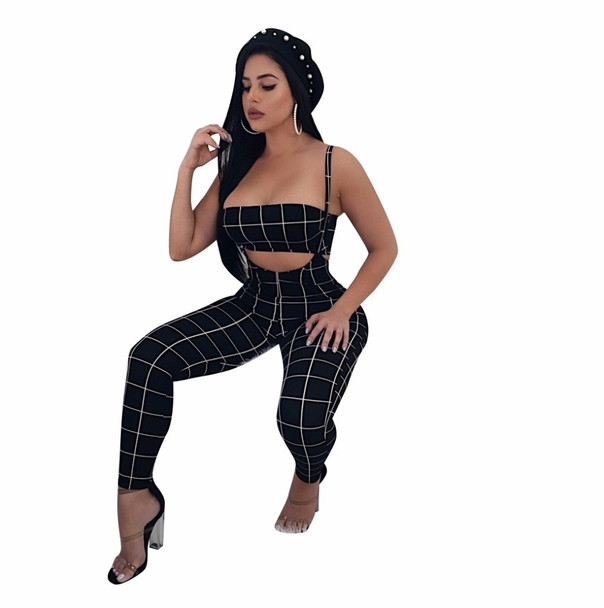 fashion Black And White Plaid Sexy Jumpsuit  Summer Overalls Two Piece Set Crop Top Spaghetti Strap Rompers Womens Jumpsuit