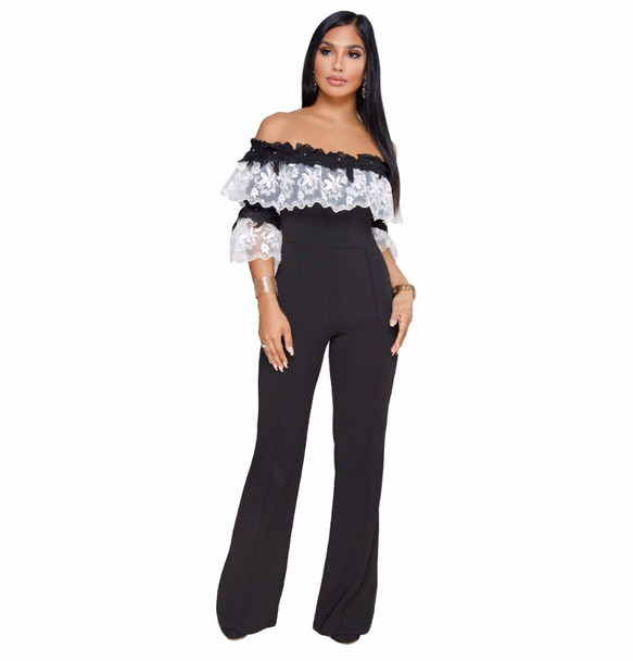 Embroidery Ruffles Elegant Jumpsuit Rompers Women Off Shoulder 3/4 Sleeve sexy Wide Leg Jumpsuit Long Pants Overalls S-3XL