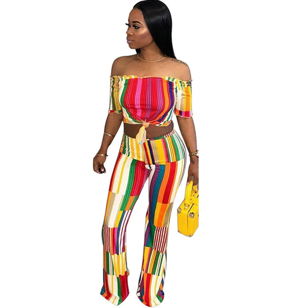 Summer Striped Wide Leg Jumpsuit Romper Women Two Piece Outfits Short Sleeve Off Shoulder Long Pants Sexy Jumpsuit Overalls