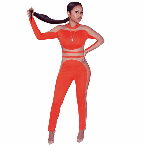 Rompers Womens Jumpsuit Autumn Long Sleeve Mesh Patchwork Bodycon Jumpsuit See Through Sexy Club Bodysuits Casual Playsuit