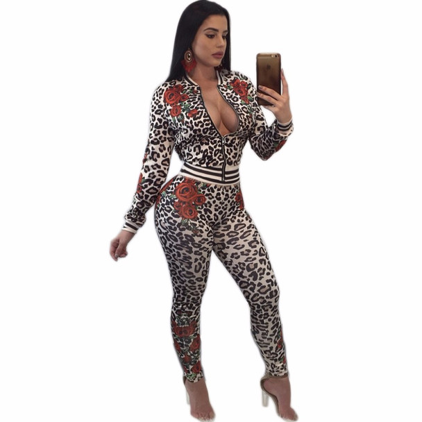 Fashion print Jumpsuit Women Two Piece zipper Skinny Elegant Jumpsuit Long Sleeve Bodysuit Sexy Overalls Bodycon Rompers