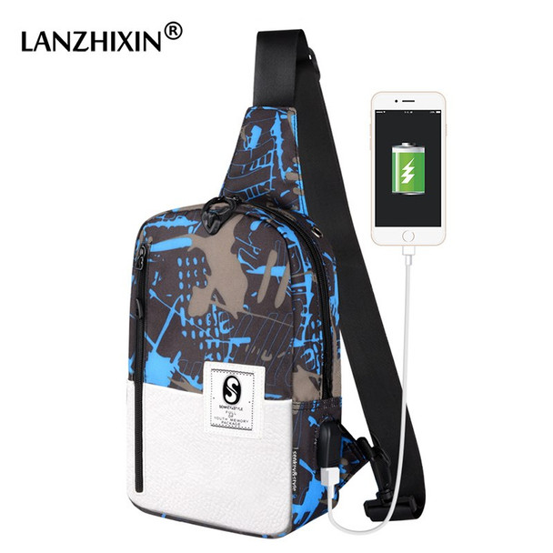 Casual USB Men Chest Bag Anti-theft Lock Graffiti Beach Messenger Bag USB Chest Bags Waterproof  Travel Crossbody Bag for Men