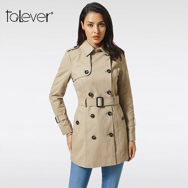 Autumn Women Fashion Double Breasted Mid Trench Coat Female Khaki With Belt Cloak Windbreaker Lady Business Outerwear Talever
