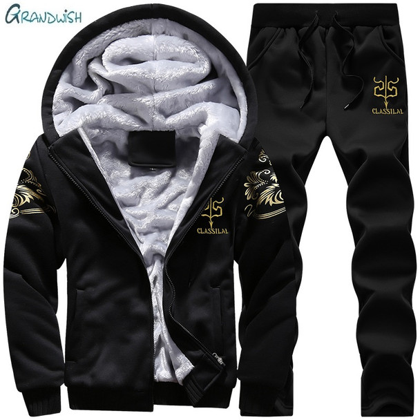 Casual Mens Tracksuit Winter Two Piece Sets Fleece Thick Hooded Jacket + Pants Sporting Suit Male Trainingspak ,DA880