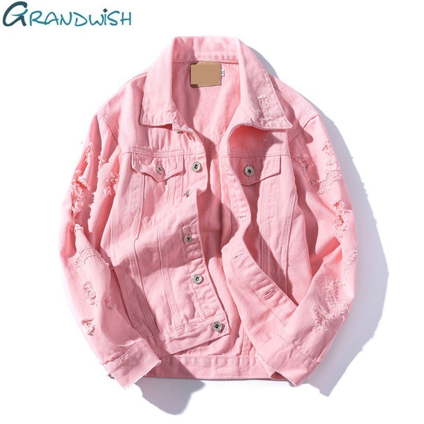 Frayed Hole Jeans Jacket Men Slim Fit Pink Bomber Jacket Mens Hip Pop Streetwear Jacket Men Button Spring Autumn,DA610