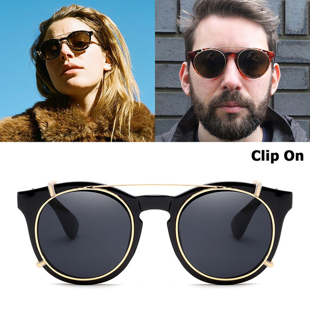 New Fashion Clip On SteamPunk Style Round Sunglasses Lens Removable Brand Design Vintage Sun Glasses