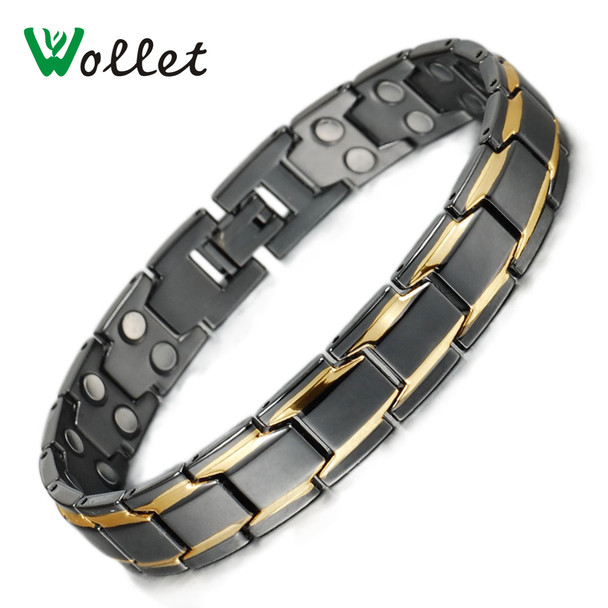 Wollet Jewelry 22cm Gold Black Color Healing Energy Double Row Magnetic Alloy Bracelet for Men