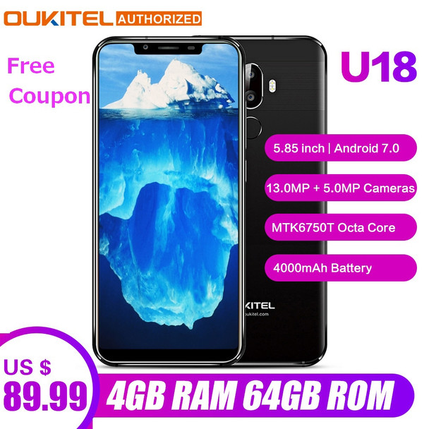 OUKITEL U18 Face ID Smartphone  5.85 inch 21:9 Android 7.0 Octa Core 4GB RAM 64GB ROM 4000mAh 16MP+13MP 4G Mobile Phone