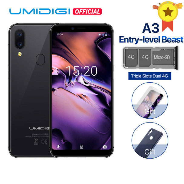 UMIDIGI A3 Global Band 5.5"incell HD+display 2GB+16GB smartphone Quad core Android 8.1 12MP+5MP Face Unlock Dual 4G Mobile phone