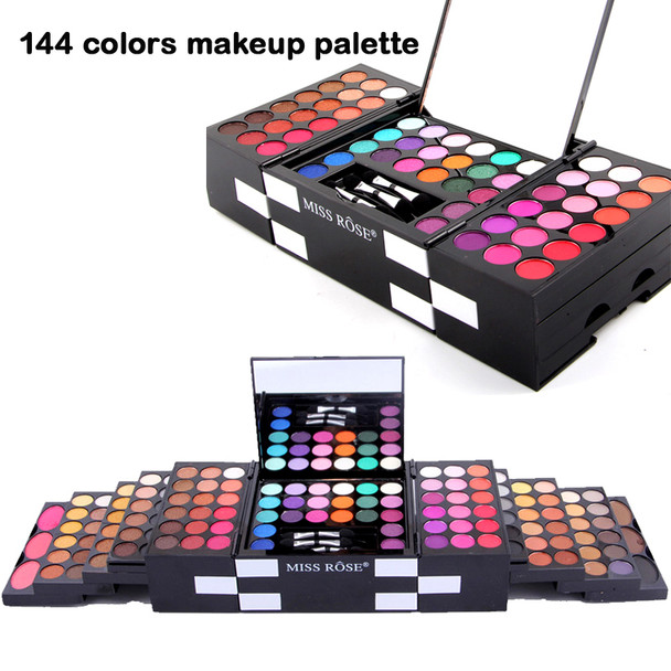 Miss Rose Professional 144 Color Set Mineral Glitter Eyeshadow 3 Color Cheek Blush Eyebrow Powder Face Eyes Makeup Kit Xmas Gift