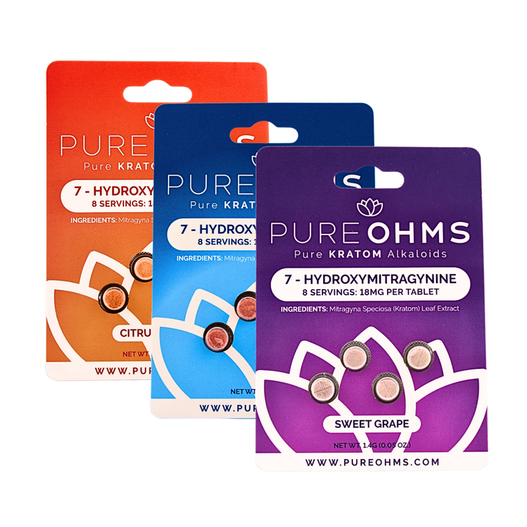 Thumbnail image of Pure OHMS 7-Hydroxy Kratom Shot 12ct case with assorted flavors including Citrus, Berry Breeze, and Grape in a countertop display box