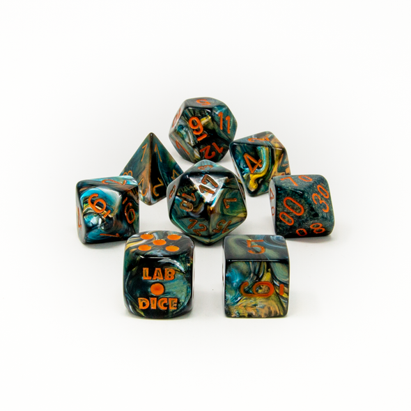 Chessex - Set de 7 dados poliédricos Lustrous® Alpestris/Naranja (Con dado de ñapa)