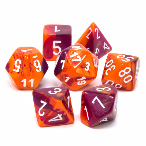 Chessex - Set de 7 dados poliédricos Gemini® Naranja-Morado/Blanco