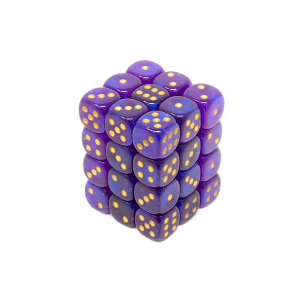 Chessex - Set de 36 dados D6 de 12mm Borealis® Morado real/Dorado Luminary™