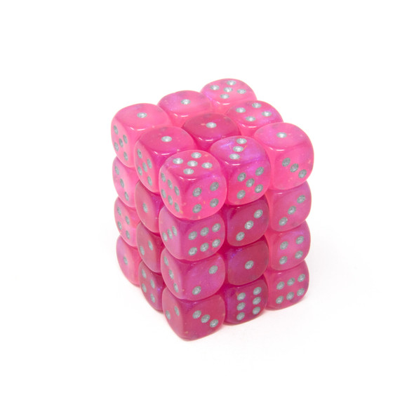 Chessex - Set de 36 dados D6 de 12mm Borealis® Rosado/Plateado Luminary™