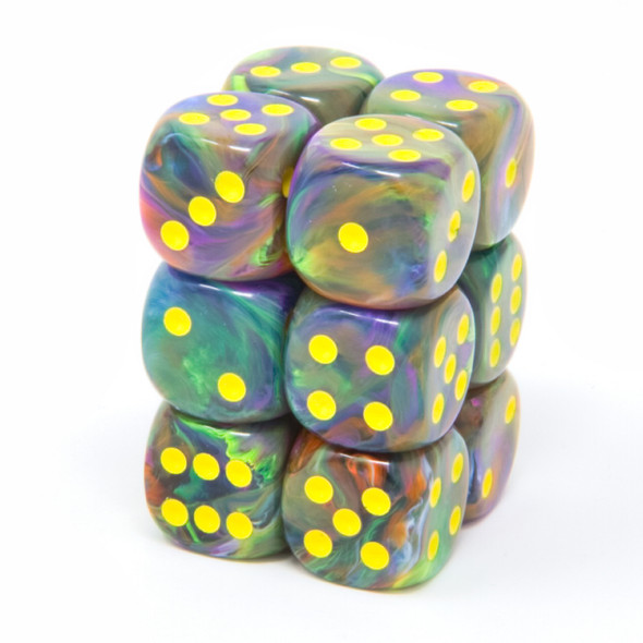 Chessex - Set de 12 dados D6 de 16mm Festive™ Rio/Amarillo