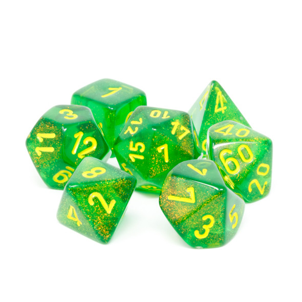 Chessex - Set de 7 dados poliédricos Borealis™ Verde olmo/Amarillo