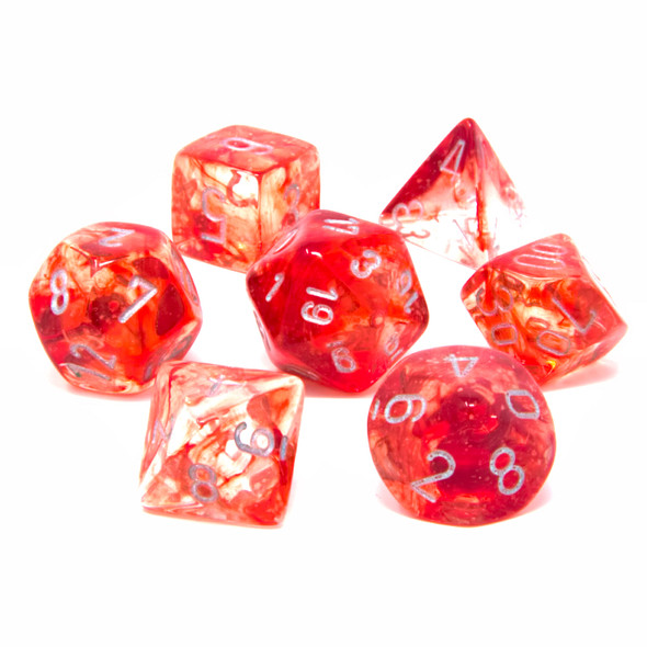 Chessex - Set de 7 dados poliédricos Nebula® Rojo/Plateado Luminary™