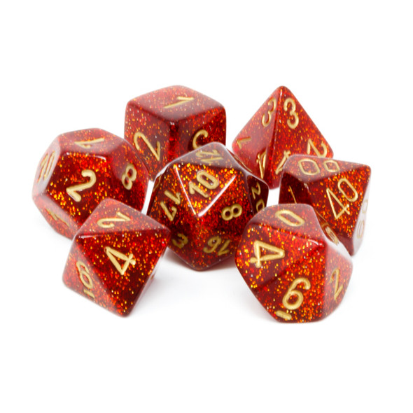 Chessex - Set de 7 dados poliédricos Glitter™ Rubi/Dorado