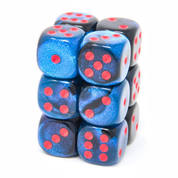 Chessex - Set de 12 dados D6 de 16mm Gemini® Negro-Luz estelar/Rojo