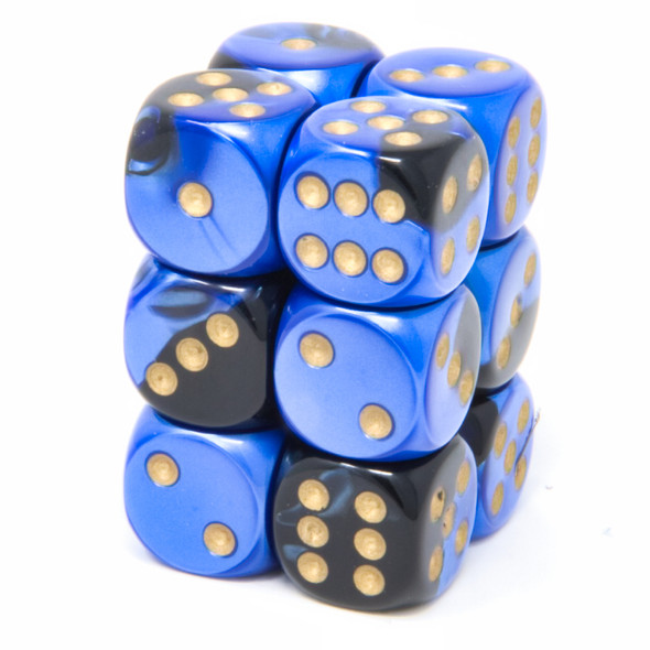 Chessex - Set de 12 dados D6 de 16mm Gemini® Negro-Azul/Dorado