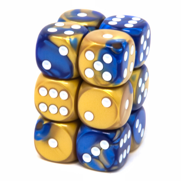 Chessex - Set de 12 dados D6 de 16mm Gemini® Azul-Dorado/Blanco