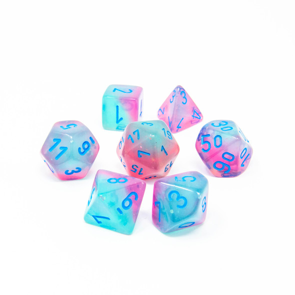 Chessex - Set de 7 dados poliédricos Gemini® Verde-Rosado/Azul Luminary™