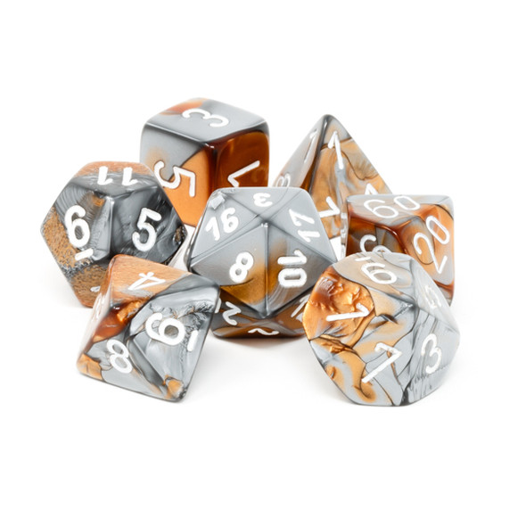 Chessex - Set de 7 dados poliédricos Gemini™ Cobre - Acero/Blanco