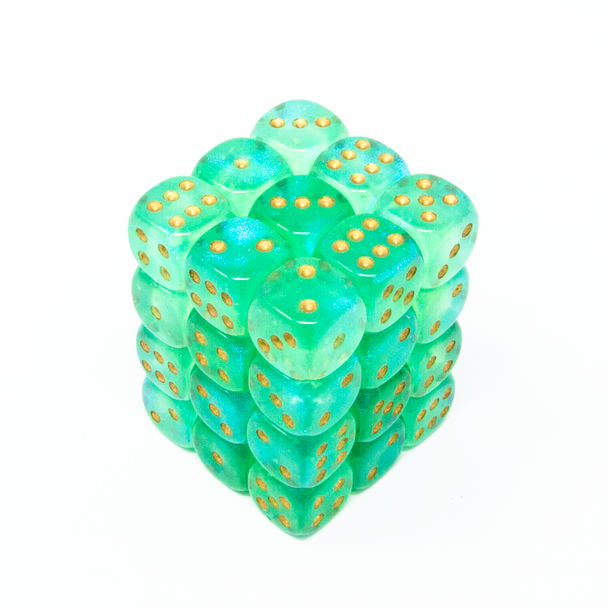 Chessex - Set de 36 dados D6 de 12mm Borealis® Verde claro/Dorado