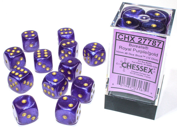 Chessex - Set de 12 dados D6 de 16mm Boralis® Morado real/Dorado Luminary™