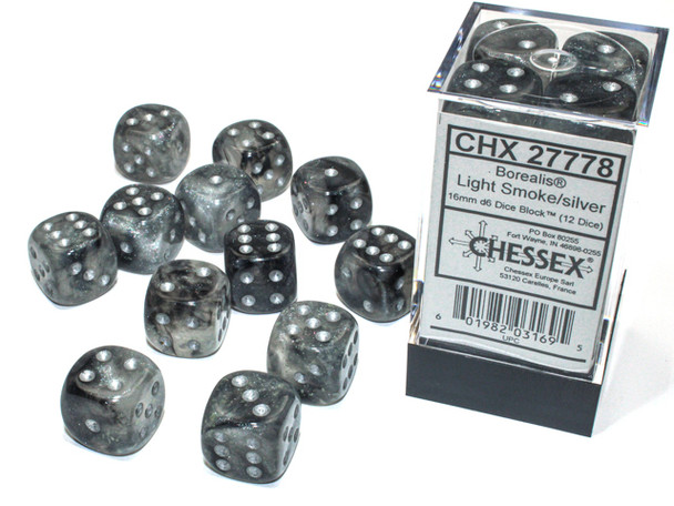 Chessex - Set de 12 dados D6 de 16mm Boralis® Humo liviano/Plateado Luminary™