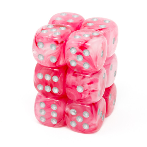 Chessex - Set de 12 dados D6 de 16mm Ghostly Glow™ Rosado/Plateado