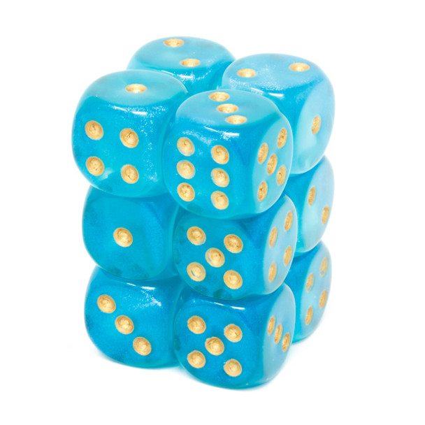 Chessex - Set de 12 dados D6 de 16mm Borealis™ Verde aqua/Dorado