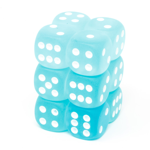 Chessex - Set de 12 dados D6 de 16mm Frosted™ Verde aqua/Blanco