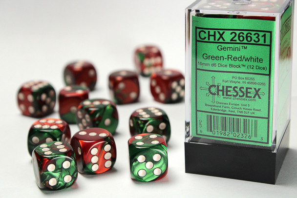 Chessex - Set de 12 dados D6 de 16mm Gemini® Verde-Rojo/Blanco