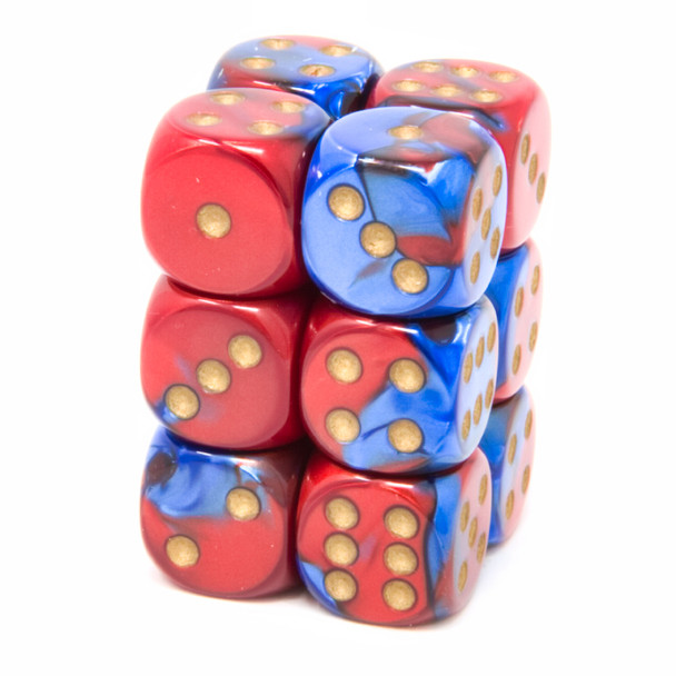 Chessex - Set de 12 dados D6 de 16mm Gemini® Azul-Rojo/Dorado