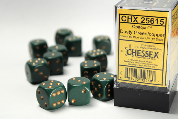 Chessex - Set de 12 dados D6 de 16mm opacos Verde polvoroso/Cobre