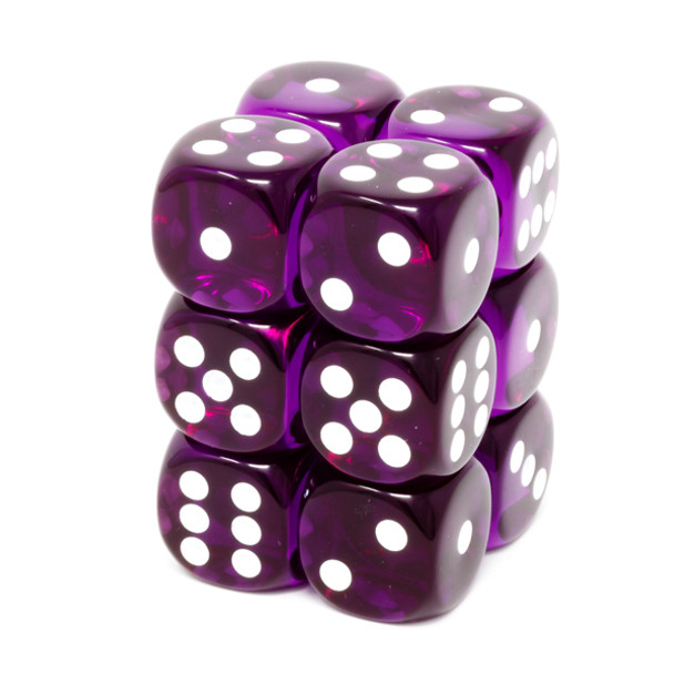 Chessex - Set de 12 dados D6 de 16mm translúcidos Morado/Blanco