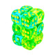 Chessex - Set de 12 dados D6 de 16mm Gemini® Translúcido Verde-Verde Aqua/Amarillo Luminary™