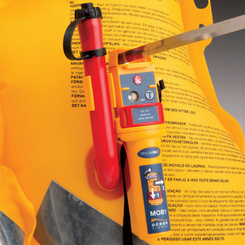 Ocean Signal RescueMe MOB1 fitted to life jacket with Antenna Extended Ocean Signal RescueMe MOB1 fitted to life jacket with Antenna Extended