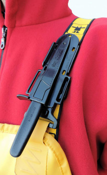 Guy Cotten belt and knife sheath on shoulder