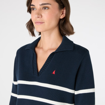 Musto Women's Original Marine Navy Striped Knit, model close-up