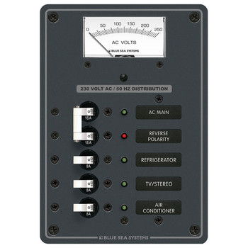 Blue Sea Power Distribution Panel/AC Main with Voltmeter - 3 Position Blue Sea Power Distribution Panel/AC Main with Voltmeter - 3 Position